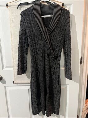 Calvin Klein Dark Gray Cable-Knit Shawl Collar Long Dress